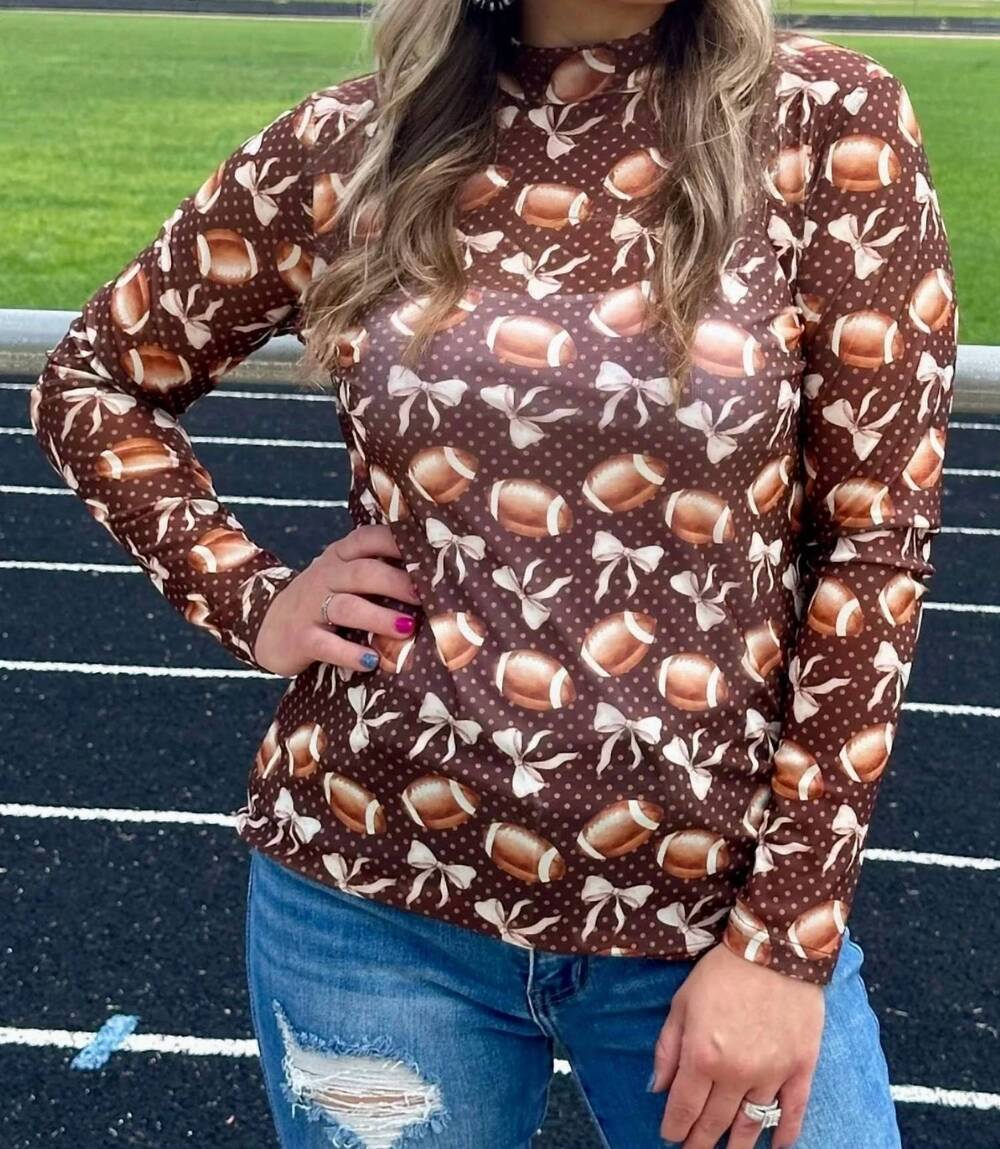 NEW 1 THE WOMAN football & bow mesh long sleeve top in brown